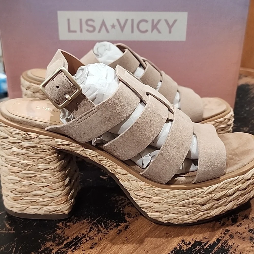 Lisa & Vicky Just -V Tan Carmel Strappy Suede Platform Women Size 8